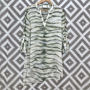 Chico’s Cream Olive Green Zebra Sheer Asymmetric Tunic Blouse